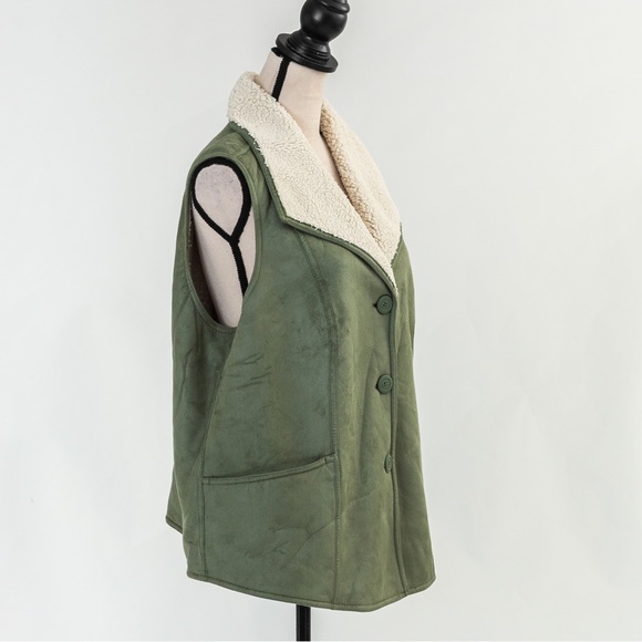 Gorpcore cozy warm faux Suede vest wide collar sherpa lining green Denim & Co XL - Picture 5 of 14